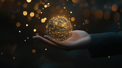 Hand holding a glowing digital network sphere on a dark background, a technology concept