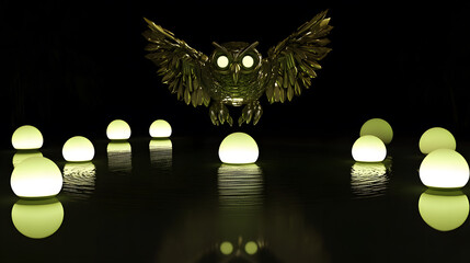 Poster - A glowing owl hovers over illuminated orbs in darkness, creating a mystical ambiance.