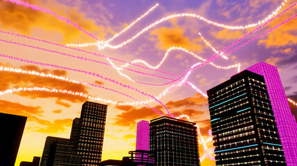 Aufkleber - A vibrant sunset over city skyscrapers, with colorful streaks across the sky, creating a dynamic and energetic atmosphere.