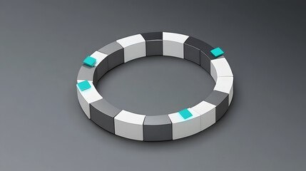 Poster - A circular arrangement of interlocking geometric shapes in a modern design, featuring contrasting colors of white, gray, and turquoise.