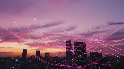 Aufkleber - A vibrant sunset skyline featuring modern buildings, intertwined with glowing, dynamic lines, symbolizing connectivity and technology.