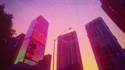 Poster - A vibrant cityscape featuring tall skyscrapers under a colorful sunset, illuminated with neon lights and intersecting lines in the sky.