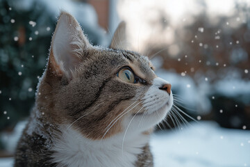 A cat looking up at the sky, with snowflakes falling in front of it. The background is blurred and has green trees on both sides