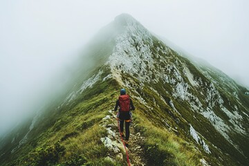 Hiker ascending misty mountain trail, solitude in nature