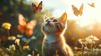 A playful kitten reaching towards butterflies in the sunlit garden