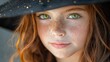 © AiPhotoSale - In an enchanting autumn setting, a young woman with long hair gently smiles while donning a stylish black hat, framed by golden leaves and blurred figures in the background.