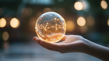 Hand holding a glowing digital network sphere on a dark background, a technology concept