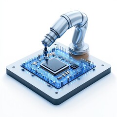 Robot arm assembling a microchip on a circuit board, white isolated background.