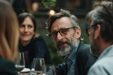 Portrait of happy senior man sitting in restaurant with his friends.