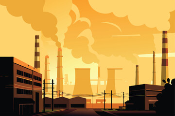 A detailed graphic depicting an urban industrial zone, showcasing factories, smokestacks, and industrial infrastructure.