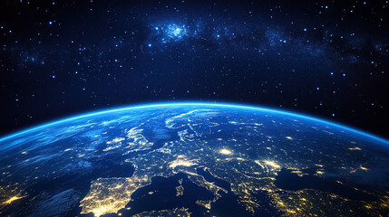 Beautiful blue planet Earth with glowing lights and stars seen from space, wide angle