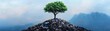 © taweesak - A single tree growing atop a heap of waste, oil painting, rich textures, earthy and deep green palette, symbolizing resilience, soft lighting
