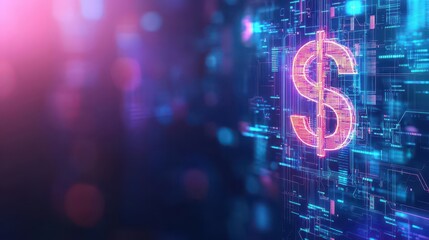 Poster - Abstract floating dollar sign made of circuit lines, digital art, neon glow, concept of electronic and digital finance
