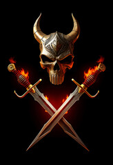 Stylized horned skull in metal helmet with two crossed blades in red fire flames at black background