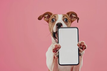 Wall Mural - Photo of shocked dog surprised phone face.