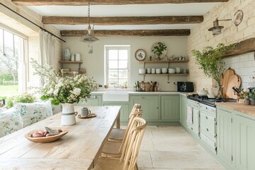 Serene Kitchen with Muted Green Cabinets and Natural Light