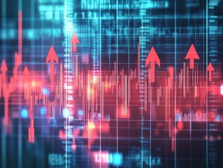 Poster - Business chart with red downward arrows and warning symbols, clean digital illustration, vibrant colors, financial risk concept