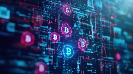 Aufkleber - Cryptocurrency symbols floating in digital space, neon holographic effect, futuristic, cyber aesthetics, concept of digital wealth