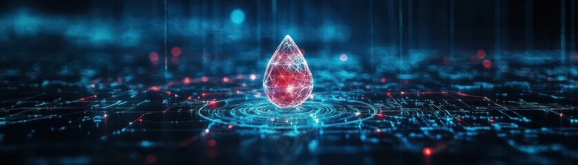 Poster - Cybernetic water drop, highdetail binary textures, virtual glow, digital landscape