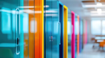 Fototapete - Glass phone booths in modern coworking space, watercolors adding energy and creativity to networking hub