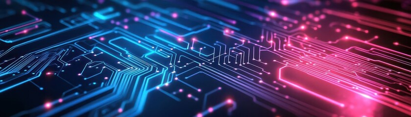 Poster - Neoncolored electric circuit board with glowing lines and intricate details, set against a dark background, hightech vibes