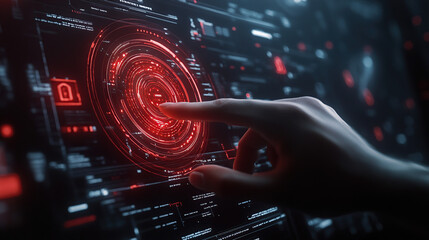 Hand touching a futuristic digital hologram with a circular graphic interface on a dark background, an AI technology concept