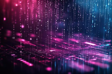 Poster - Water droplet hologram, streaming binary rain, neon glow, tech atmosphere, virtual reality