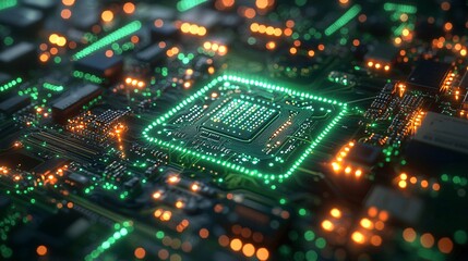 Poster - Glowing Green Circuit Board with Processor Chip Close Up