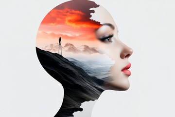 Wall Mural - woman's face is shown in a painting with mountains in the background. the woman is wearing red lipst