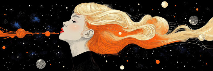Wall Mural - The woman stands serenely, her vibrant hair flowing with cosmic energy, as planets and stars twinkle against a dark background