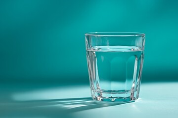 Glass of fresh water on a vibrant teal background casting a dramatic shadow