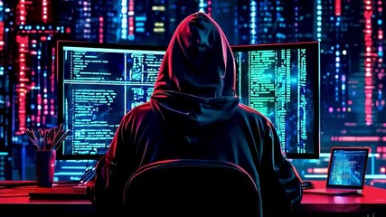 a hacker  sitting in front of  computer screens