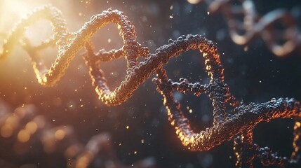 Poster - 3D-rendered DNA strand surrounded by chemical formulas and molecular structures, symbolizing innovation in biotech with empty space for text