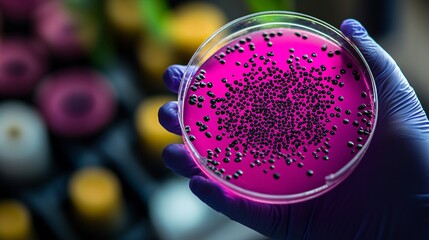 Poster - Scientist holding a bioreactor flask with cellular cultures in a bright laboratory setting, symbolizing biotech advancements with empty space for text