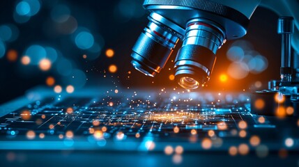Poster - Medical expert observing stem cell growth in a laboratory setting, with microscopes and data monitors tracking development with empty space for text