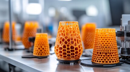 Aufkleber - Conceptual image of biomaterials research with 3D printed biological tissues on a workbench in a futuristic lab with empty space for text