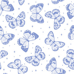 Poster - Blue white butterfly vector pattern, seamless repeating tile, cute spring print design