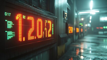 Fototapete - Stock market ticker screens filled with green and red numbers in a dark trading room with financial data highlighting market fluctuations with empty space for text