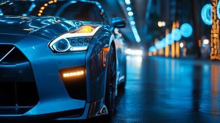 Blue Sports Car Headlights Night Cityscape   Urban Transportation