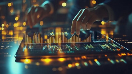 Fototapete - Financial analyst using a tablet to track investment portfolios with bar graphs, line trends, and data points showing market insights with empty space for text