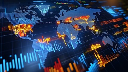 Fototapete - Global market trends represented through a holographic world map with stock data and country-specific stock exchange numbers with empty space for text