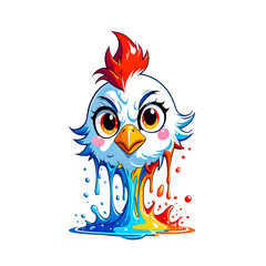 illustration of chicken animal mascot head logo and colorful liquid splashing on white background.