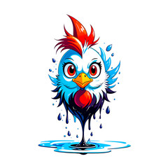 illustration of chicken animal mascot head logo and colorful liquid splashing on white background.