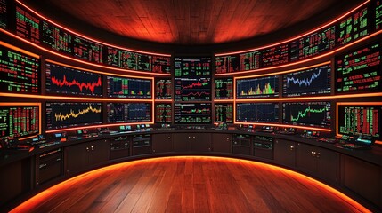 Aufkleber - Stock trading floor environment with real-time ticker screens, desks, and financial graphs displaying market fluctuations with empty space for text