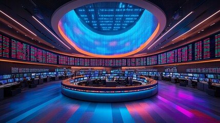 Poster - Stock trading floor environment with real-time ticker screens, desks, and financial graphs displaying market fluctuations with empty space for text