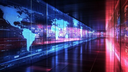 Poster - Illustration of stock market trends and growth patterns displayed on a transparent holographic interface, emphasizing global finance with empty space for text