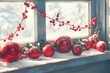 © Yuliya - Christmas window display with red baubles, holly leaves, and frosted berries arranged on a snowy windowsill, creating a festive holiday scene with soft winter light