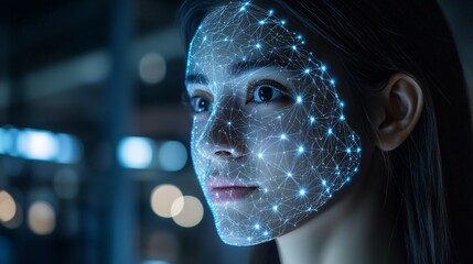 Poster - Digital identity verification concept with a facial recognition system on a smartphone, highlighting security measures in digital banking with empty space for text