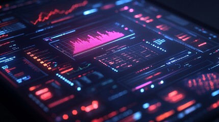Fototapete - Graphical display of financial insights on a tablet screen, with investment opportunities, risk levels, and AI-driven recommendations with empty space for text
