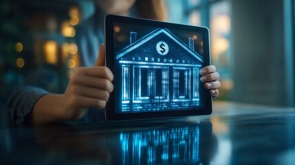 Poster - Mobile banking concept with a person using a banking app on a tablet to monitor savings, transfer funds, and pay bills from anywhere with empty space for text
